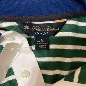 Brooks Brothers Green and White Stripe with Navy Trim Polo, Large Slim Fit.